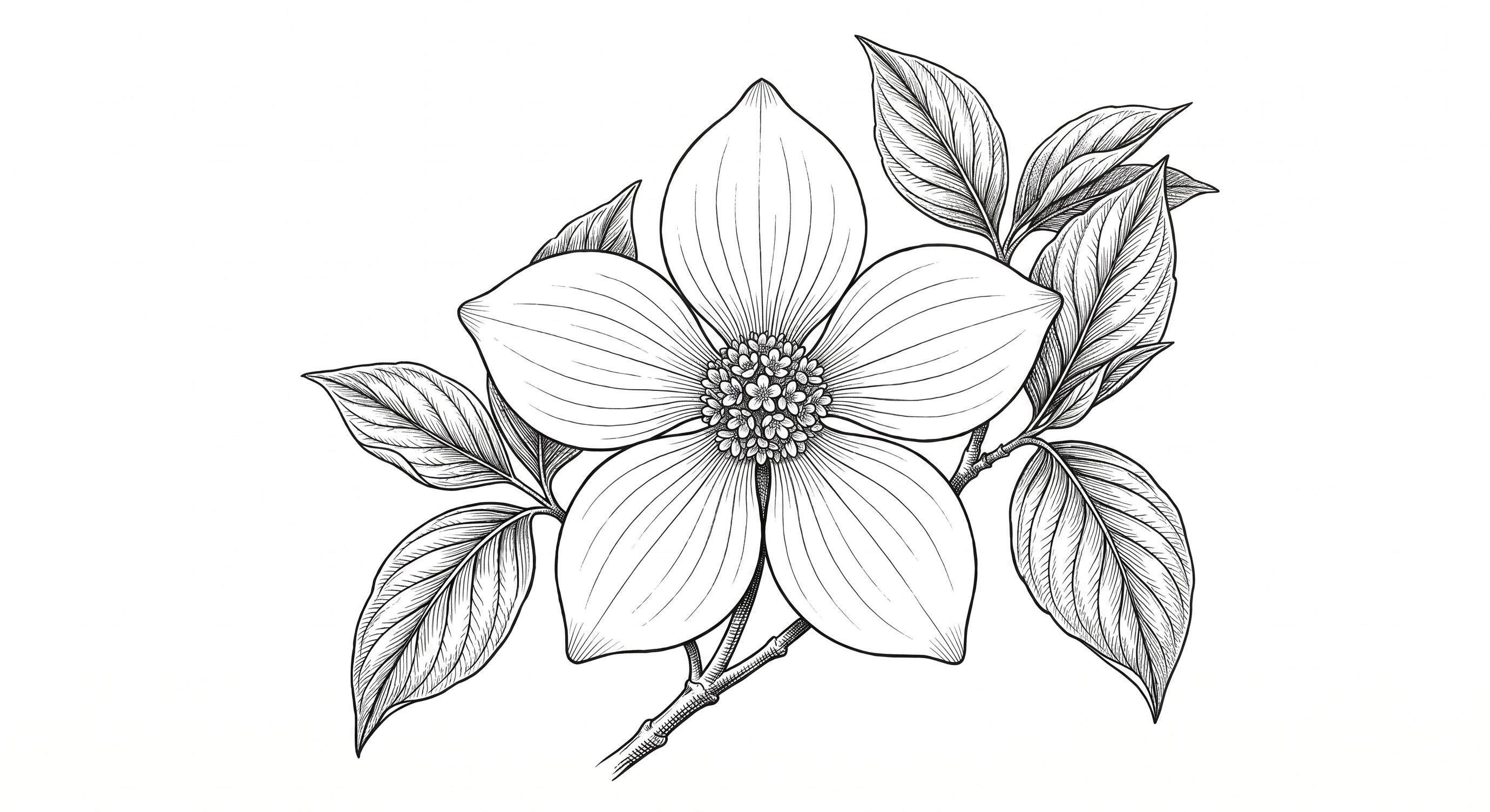Pacific dogwood (Cornus nuttallii) — botanical line drawing showing five-bract flower and leaves