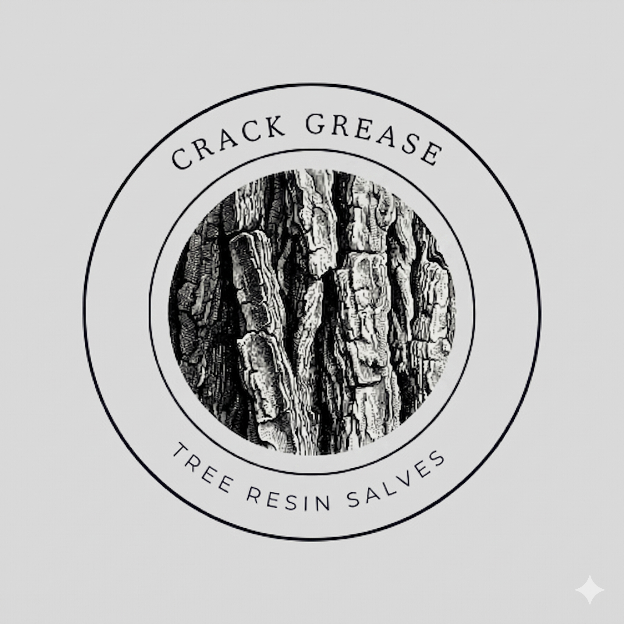 Crack Grease — Tree Resin Salves, circular bark woodcut logo